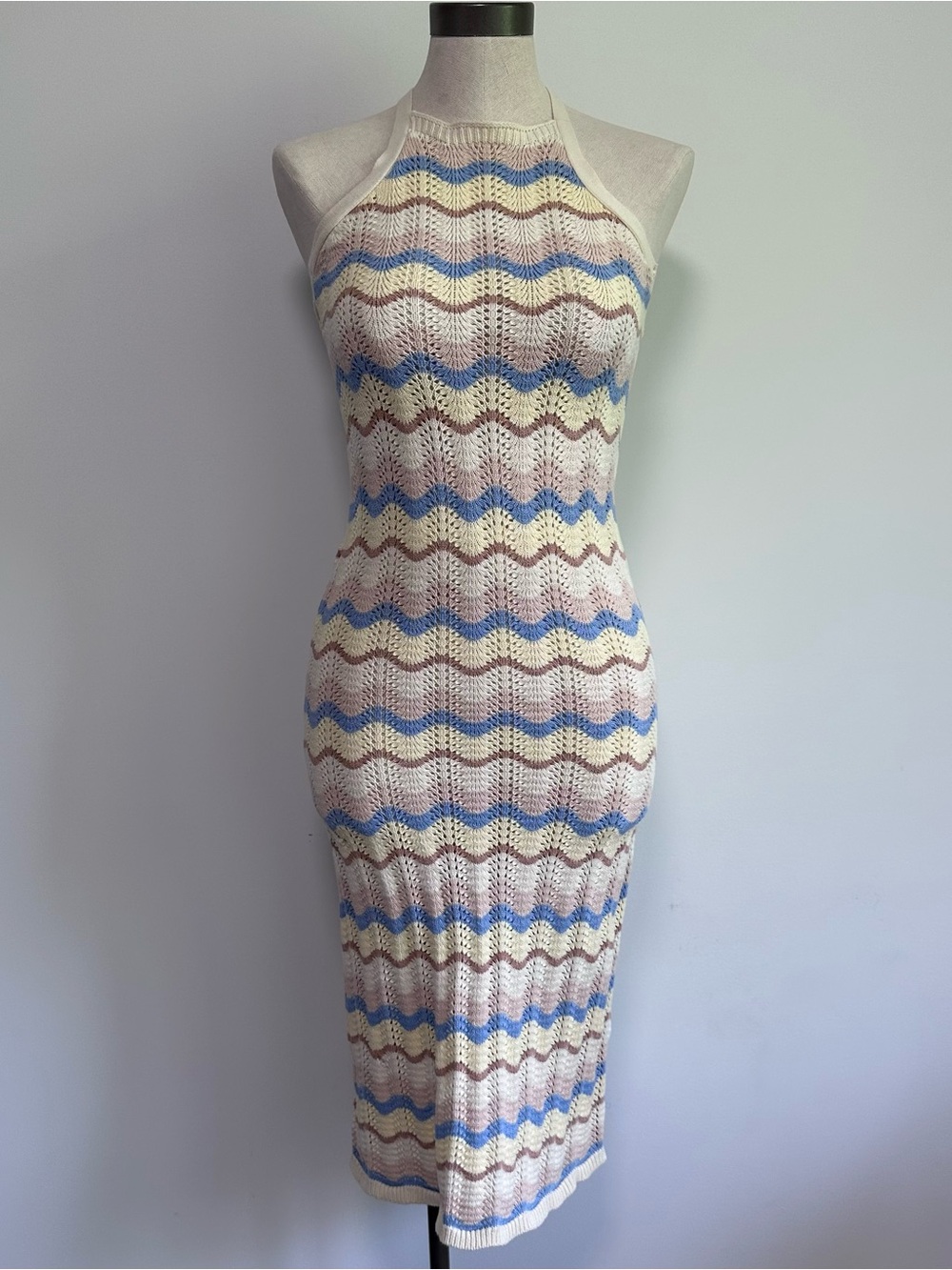 Cream Halter Knit Midi Dress with Blue & Tan Stripes
